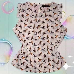 vtg early 2010s sm wardrobe twee indie bird aop sheer sleeveless top, sz md